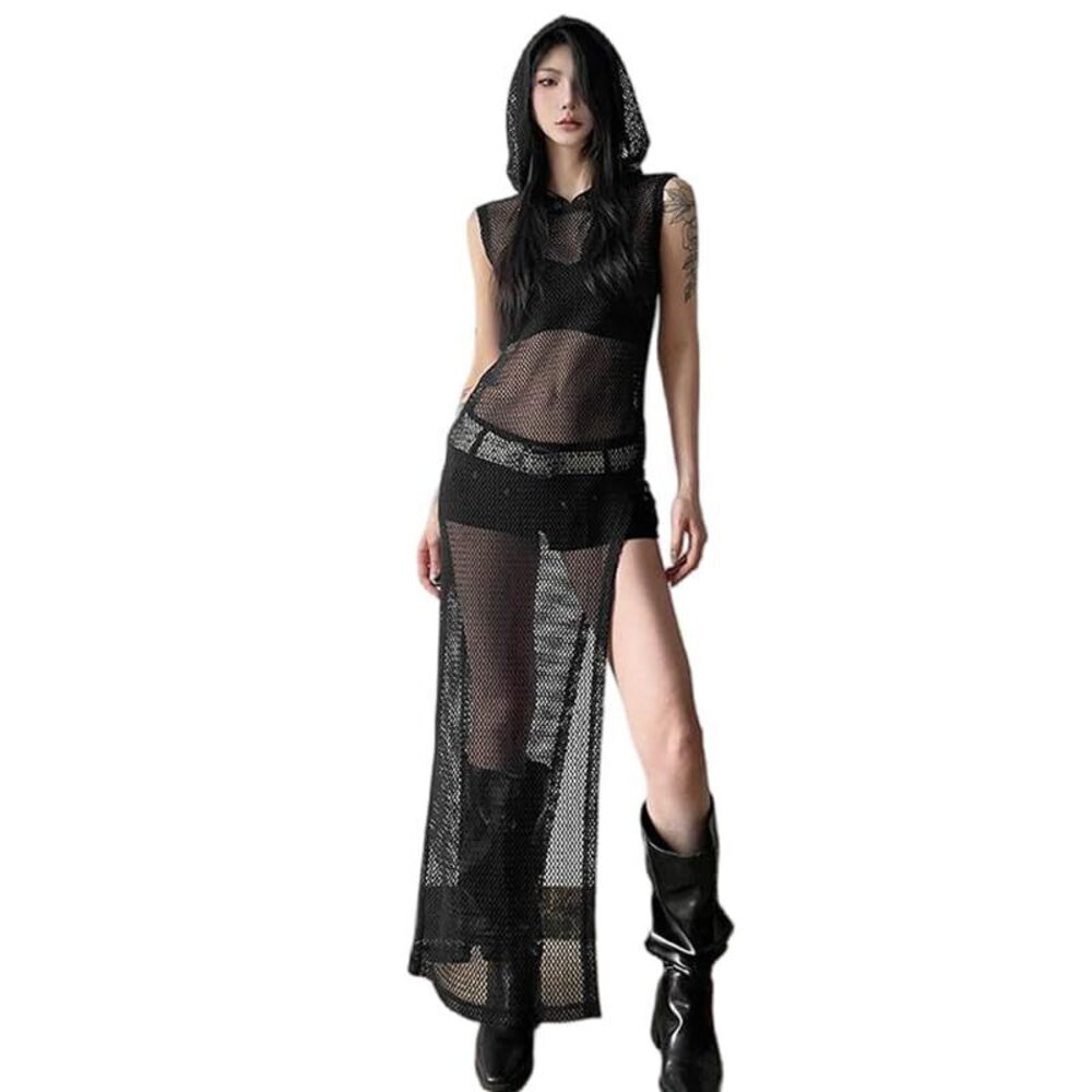 9635 Festival Outfits Rave Wear Sexy Fishnet Cover Ups Punk Sheer Dress